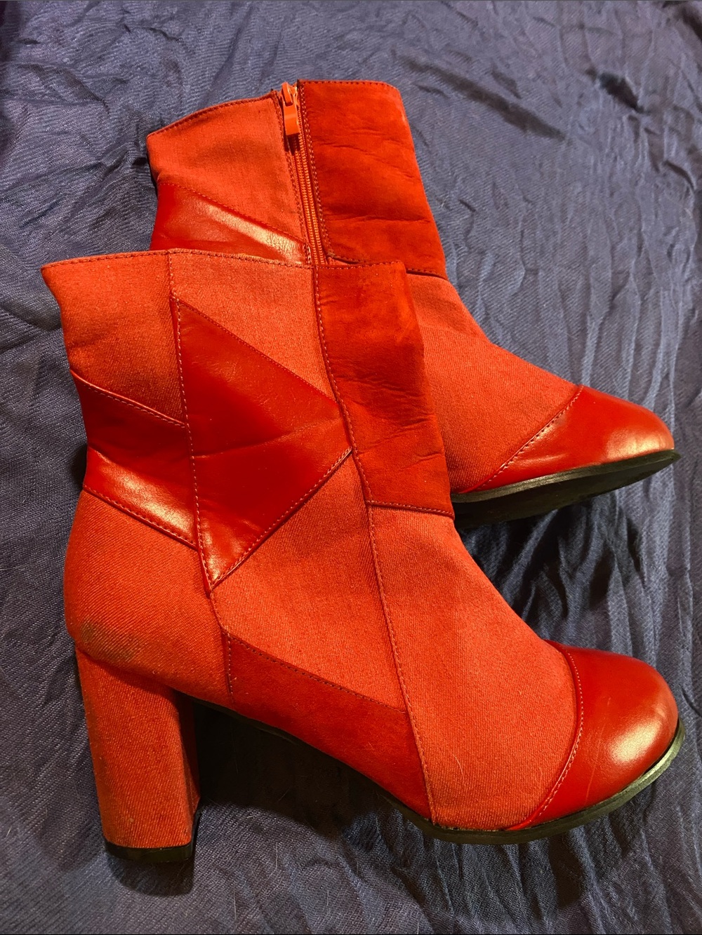 Red Patchwork Ankle Boots with Block Heel